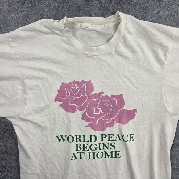 Vintage World Peace Begins at Home Shirt Mens Small White Graphic Roses Distress - Picture 2 of 13